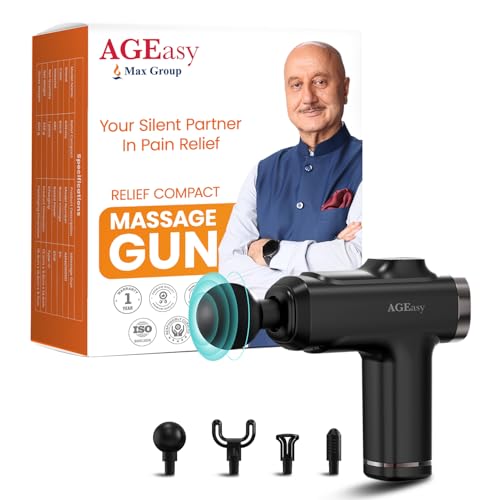 Image of AGEasy (Max Group) Relief Compact Massage Gun | 8 Speed Levels, 4 Massage Heads | USB Type-C Rechargeable Handheld Massager | Full Body Pain Relief Muscle Massage Machine for Men & Women (Black)