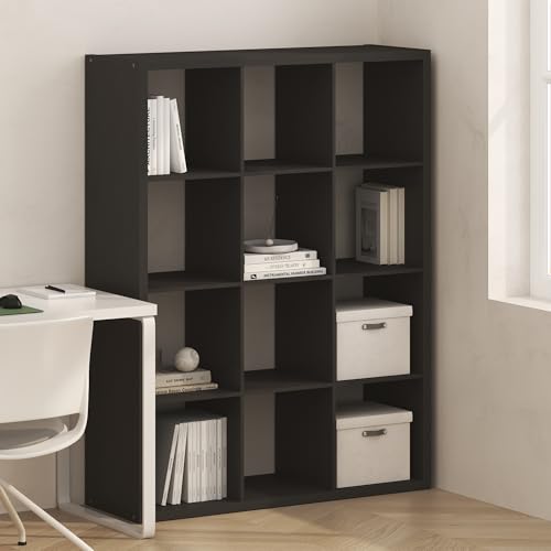 Mikkagu Gumma 12 Cube Storage Organizer with Open Back, Thick Frame Wood Open Storage Shelf Divider Bookcase, for Living Room Bedroom Home Office, Vertical or Horizontal, Black Oak