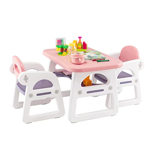 GOPLUS Ensemble Table et 2 Chaises pour Enfant, Table et Chaise Multifonctionnelle avec Étagère de Rangement Intériqure, Idéal pour Chambre des Enfants, Maternelle (Violet+Rose)