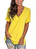 heekpek Blusas de Moda Verano Mujer Blusas y Camisas de Mujer Ropa Mujer Verano Tops Mujer Camisas OversizedColor Sólido V Neck Camisa Manga Corta Plus Size (Amarillo, S)