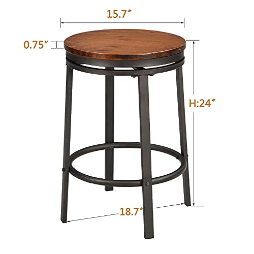 O&K Furniture 24-Inch Backless Swivel Bar Stool, Industrial Kitchen Counter Height Stool Chairs with Wooden Seat-Pub Height, Dark Brown, Set of 2