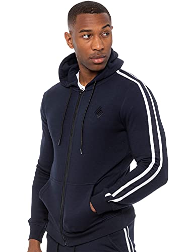 EZHD583T Enzo Mens Hoodie Pullover Striped Fleece Hoody Top Active Wear Sports Sweatshirt Hooded Jumper (Navy, XL, x_l)