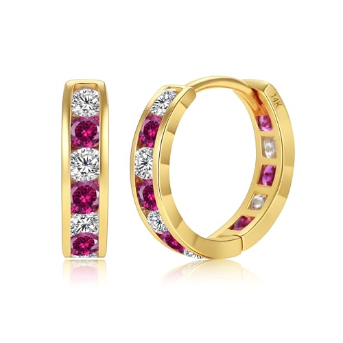 Solid 14K Gold Huggie Earrings for Women - Hypoallergenic Red Cubic Zirconia Earrings - 14mm Real 14kt Gold Diamond Cut Small CZ Huggie Hoop Earring by MAX + STONE