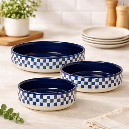 Image of Niyara Stoneware Handmade Ceramic Stylish Premium Serving Bowls /Salad Tray Microwave Dishwasher Safe (White & Blue Pattern Set of 3)