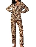 Ekouaer Pajamas Women's Long Sleeve Sleepwear Soft Button Down Loungewear Pjs Lounge Set Nightwear,Leopard,Large