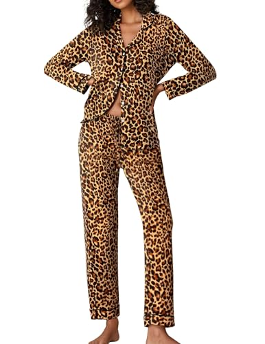 Image of Ekouaer Pajamas Women's Long Sleeve Sleepwear Soft Button Down Loungewear Pjs Lounge Set Nightwear,Leopard,X-Small