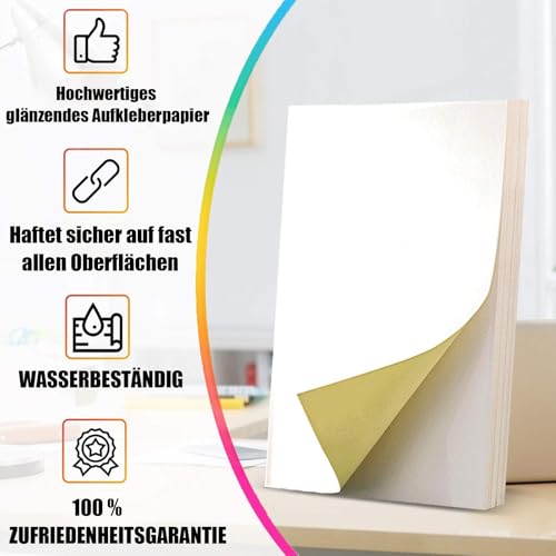Etiketten Selbstklebend 25 Blatt Sticker Papier zum Bedrucken Selbst Drucken A4 Bedruckbare Klebefolie Glänzend Druckerpapier Bedruckbar Klebeetiketten für Laser- Und Tintenstrahldrucker