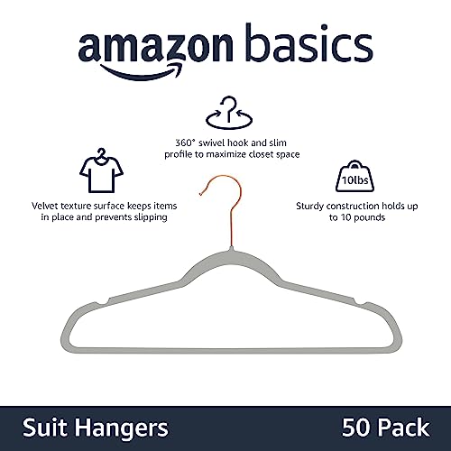 Amazon Basics Kleiderbügel für Anzüge, Samt, schmal, rutschfest, 50 stück, Grau/Gold – Ansicht 2