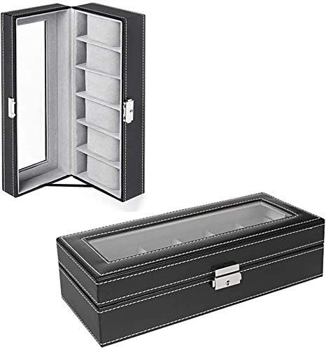 HAITRAL 6 Slot Watch Box, PU Leather Watch Jewellery Display Holder Case with Glass Lid, Elegant Watch Storage Box for Men & Women for Watch Jewelry Bracelets Necklaces