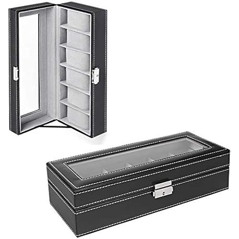 HAITRAL 6 Slot Watch Box, PU Leather Watch Jewellery Display Holder Case with Glass Lid, Elegant Watch Storage Box for Men & Women for Watch Jewelry Bracelets Necklaces Cover