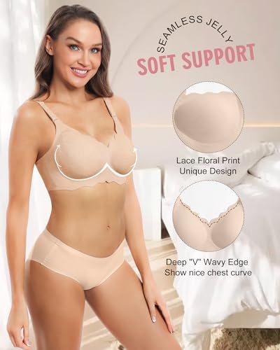 Image of HORISUN Women Seamless Wireless Jelly Bra Push Up Comfortable Bralette | V Scalloped Neck,No Underwire,Support and Lift,Full Coverage,T Shirt Bra,Buttery Soft, Convertible Strap