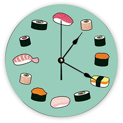 Decorative Silent No Ticking Wall Clock Sushi Time Round Modern Wooden Clocks for Bedroom Living Room Home Office School Wall Art Decor, 10 Inches