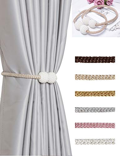 HoHnH Beige 4 Magnetic Curtain Tiebacks- Clips Decorative Rope Holdbacks, Drapery Tie Backs Weave Holder for Window Draperies Hold Curtains Drape Ties Backs 16 inch Holdback (4, Beige)