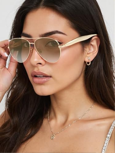 Image of Oversized Aviator Sunglasses For Women 70s Retro 2025 Metal Shades with Gold Streamline Arms