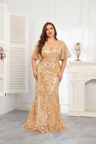 Image of Plus Size Glamous Short Sleeves Womens Sequin Dress Formal Gowns Evening Glitter Mermaid Prom Dress