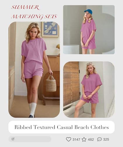 Image of MARZXIN Women 2 Piece Shorts Set 2026 Casual Summer Cruise Outfits Ribbed Loose Short Sleeve Pocket Matching Lounge Sets