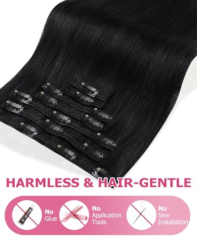Image of YoungSee Black Clip in Hair Extensions Straight Remy Hair Clip in Extensions Jet Black Human Hair Extensions Clip ins Easy to Put in for First-time Users 18 Inch 120G 7Pcs