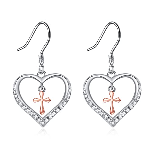 Cross Heart Earrings For Women S925 Sterling Silver Cross Earrings Heart Dangle Earrings Jewelry Gifts For Women #TOP13