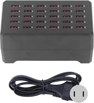 30-Port USB Charging Hub Up to 150W output to charge 30 devices simultaneously. Safety measures include overvoltage and temperature monitoring. Made of compact ABS plastic, one power cable connection. Ideal for charging multiple devices in the office or event