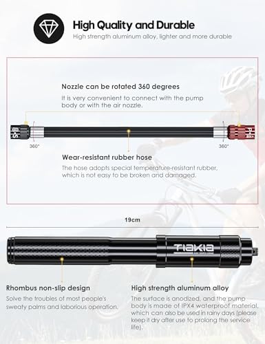 Image of Tiakia Mini Bike Pump, Portable Bicycle Pump with Bracket, 260PSI High Pressure Frame Pump Air Hand Pump Fit Presta, Schrader & Woods Valves, Aluminum Alloy Tire Pump for Road /Mountain Bikes, Balls