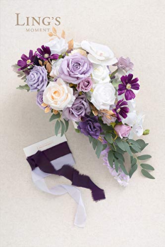 Ling's Moment 11 Inch Lilac & Cream Artificial Flowers Bridal Bouquet,Cascading Wedding Bouquets For Bride, For Wedding Ceremony And Anniversary #TOP4