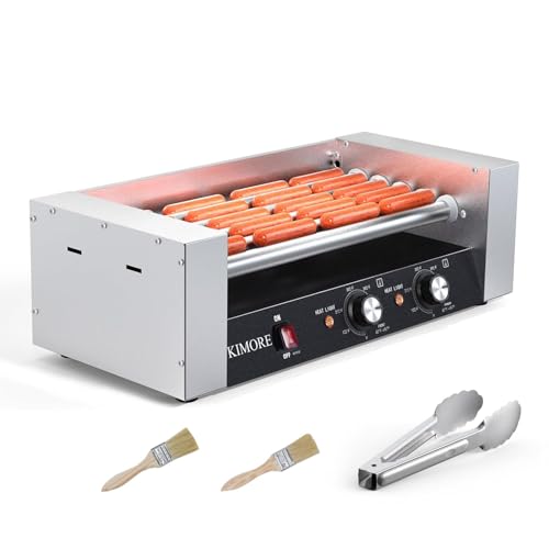 Hot Dog Roller, 12 Hot Dogs 5 Rollers Grill Cooker Machine With Removable Stainless Steel Drip Tray Stainless Steel With Cover, Dual Temp Control, Led Light, Perfect for Commercial And Party