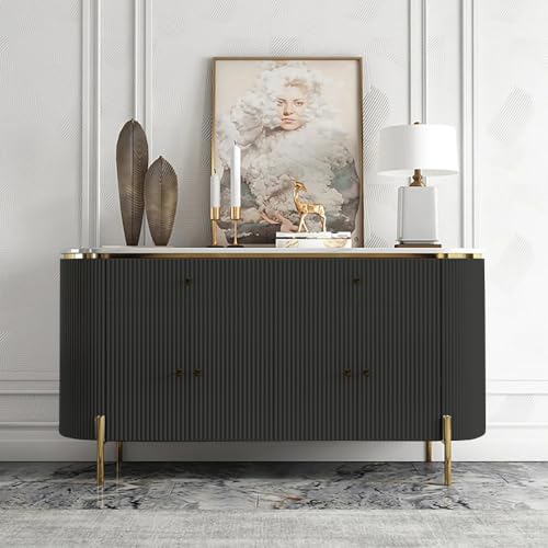 Image of Modern Console Table, 55 x 15 x 30 inch, White Ribbed Design, Marble Top, Gold Accents, 4-Door Storage Cabinet, Waterproof Plywood, PVD-Coated Legs, Elegant Entryway (Black)