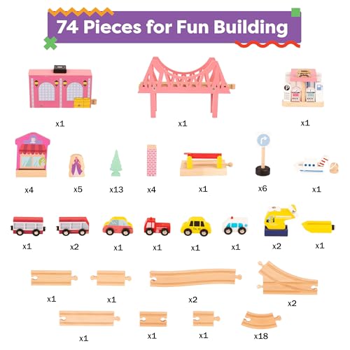 Wooden Train Set with Train Table - 75PC Play Set with Tracks, Vehicles, Buildings, Illustrated Play Surface, and Activity Table by Hey Play (Pink) by HEY! PLAY! - Image 2