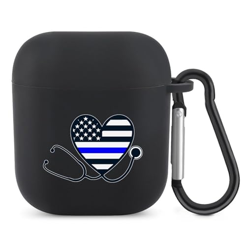 Blue Line Nurse Heart Flag Soft Shell Compatible With AirPods Case With Keychain Fashion Protector Cover Black-style-15
