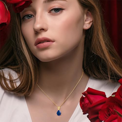 14k Gold Pear Gemstone Birthstone Necklace with Real Diamond(I2-I3 Clarity),2 Carat Teardrop Created Birthstone Anniversary Birthday Mother's Day Necklaces for Women Mom Her4