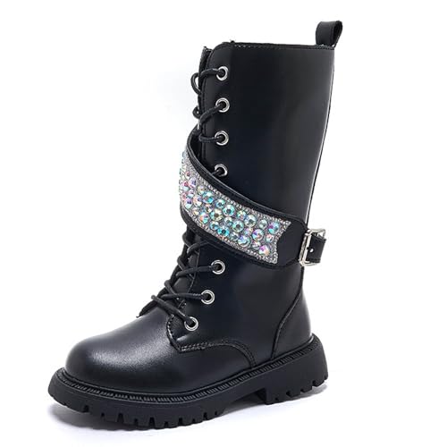 Girls Winter Leather Knee High Boots Fashion Sparkle Rhinestone Riding Boots Casual Lace-Up Side Zipper Combat Long Boot Shoes3