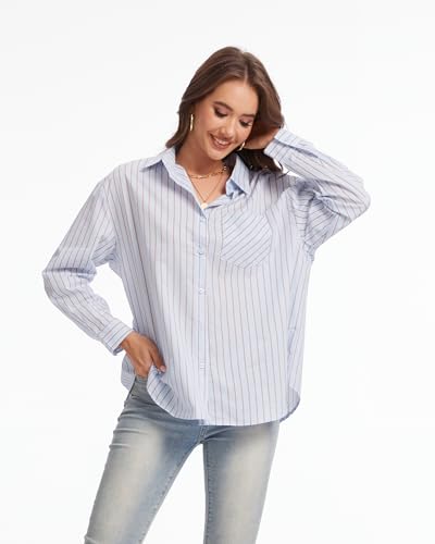 Fyralis Women's Striped Button Down Shirt, Long Sleeve Collared Office Work Blouse with Pocket, Cotton, Casual (US, Alpha, Large, Regular, Regular, Blue) — view 5