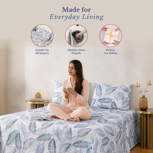 Image of Jaipur Weaves Double Bed Cotton Bedsheet Queen Size 90x108, 100% Pure Cotton Bed Sheet with 2 Pillow Covers, 240 TC Soft Breathable Leafy Design - (Tealish Blue, Queen)