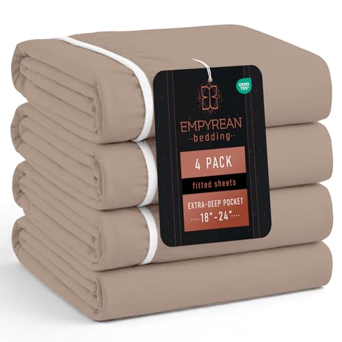 Empyrean 4 Pack Taupe Extra Deep Pocket Fitted Sheet Queen, Hotel Luxury Queen Fitted Sheet Only Easily Fits 18 to 24 Inch Mattress, Super Soft, Wrinkle-Free and Breathable with Corner Straps