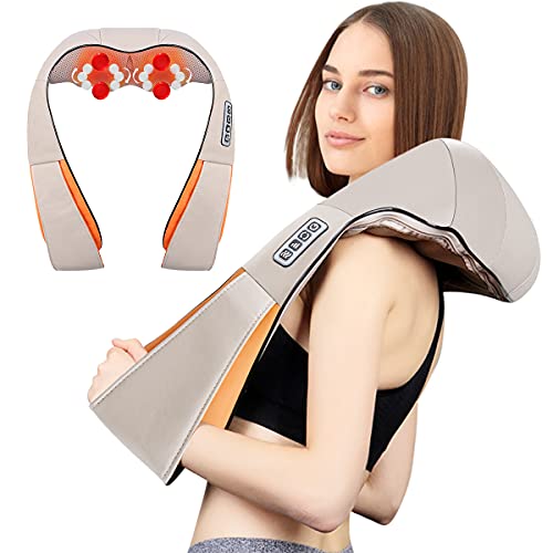 Shiatsu Massager Neck and Shoulder Massager with 16-Nodes - Full Body Kneading Massager - Deep Tissue Massager for Back & Neck Pain Relief - Portable Massager for Home Office & Car (Beige)