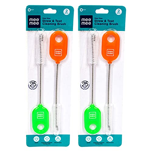 Image of Mee Mee Straw & Teat Cleaning Brush (Green /Orange) (Pack of 2, with Easy Grip)