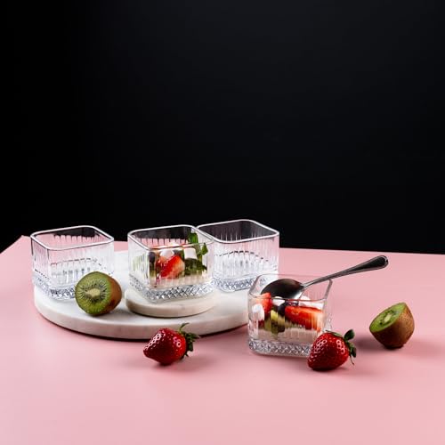 Image of Glassbunny Glass Bowl Set of 6 Clear Serving Bowls for Snacks, Ice Cream, Salads Elegant Glass Tableware for Kitchen & Dining, Square Dessert Bowls Transparent Striped 350ML