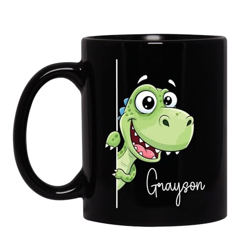 Personalized Cute Dinosaur Peeking Mug, Dinosaurs Lovers Coffee Mug, Custom Name Dino Animal Black Cup 11oz 15oz, Cartoon Dino Mugs Gifts For Kids Boy Son On Birthday, Wild Dinosaur Ceramic Cup