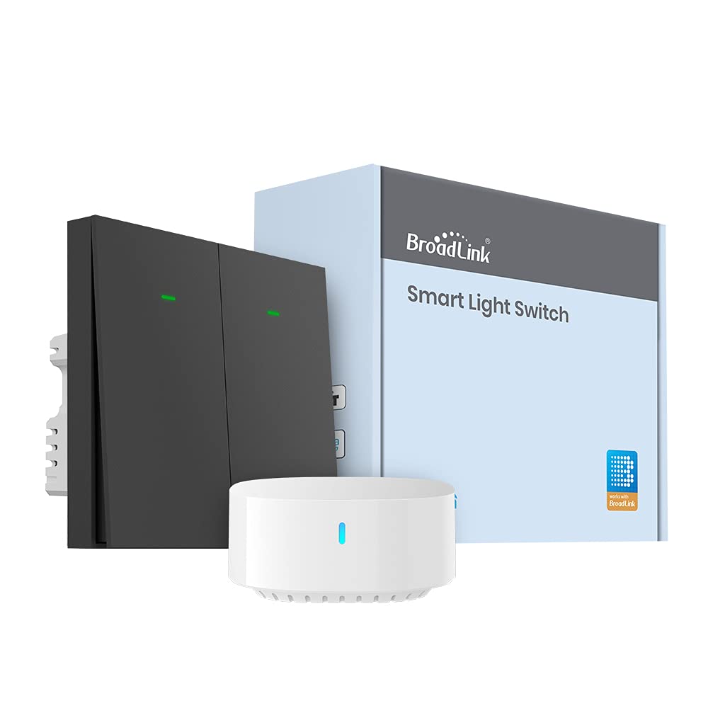 Broadlink S3 Hub shown with a black Broadlink Smart Light Switch, featuring two buttons.