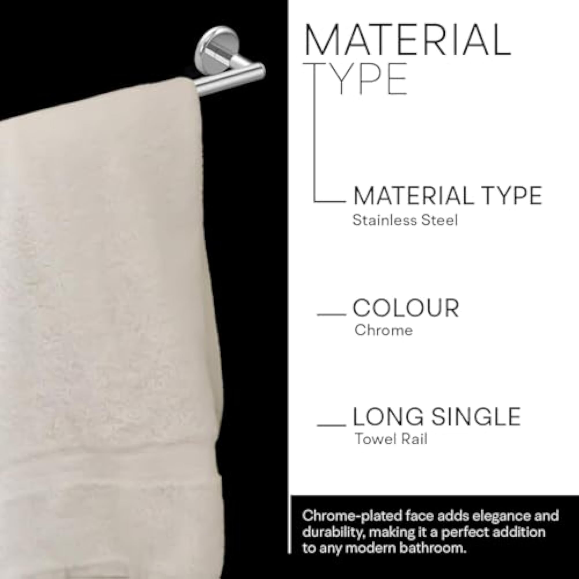 450mm Long Single Towel Rail, Durable Bathroom Holder