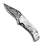 WolfKlinge Damascus Handmade Folding Pocket Knife for Hunting And Graving Bolsters with resin sheet Handle with CowHide-Leather Sheath WFD-2563