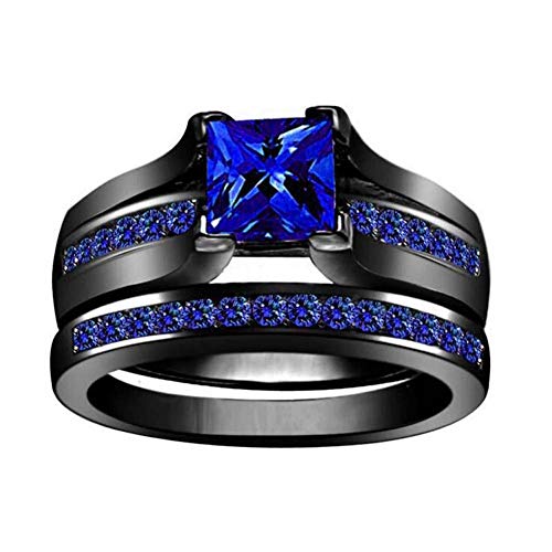 ringcrown Bridal Sets Black Gold Plated Womens Wedding Ring Sets Princess Cut 6mm Blue Cz 2pcs Engagement Ring