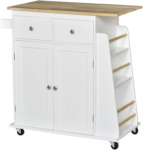 ZSEDP - Carrito de almacenamiento de isla de cocina con estante de especias de 3 niveles y parte superior de madera de goma para comedor 350 x 177 x