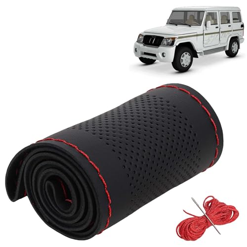 Image of KINGSWAY PU Leatherite Car Steering Cover Sewable Compatible with Mahindra Bolero (Year 2000-2019), Black Color with Red Thread, Pack of 1 with Sewing Needle and Thread