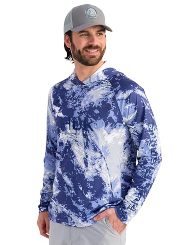HUK Mens Pursuit Pattern Crew Long Sleeve Shirt, Performance Shirt, Skipper Blue, Medium