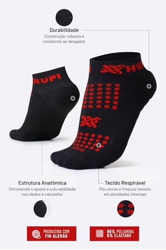 Meia Curta para Corrida HUPI Running Pro Preto/Vermelho 1 Par, Cor: PRETO/VERMELHO, Tamanho: 36-42