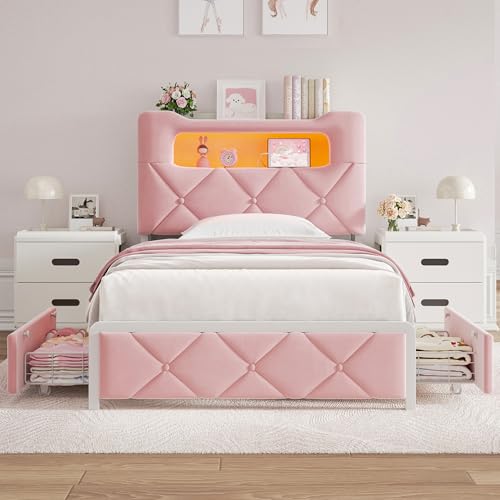 Image of Twin Upholstered LED Bed Frame with 2 Storage Drawers and 2-Tier Storage Bookcase Headboard, Velvet Princess Platform Bed for Kids /Girls /Boys, Heavy Duty Metal Support, No Box Spring Needed, Pink