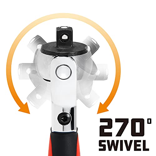 Powerbuilt 3/8 Inch Drive Swivel Head Stubby Ratchet, Swivel Head And Solid Grip, Small Size Ratchet For Tight Spaces, 72 Tooth - Red 940482 #TOP2