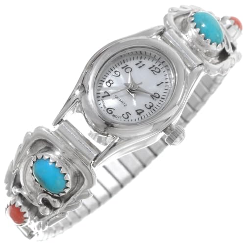 Alltribes Navajo Blue Turquoise Red Coral Silver Ladies Watch Bracelet