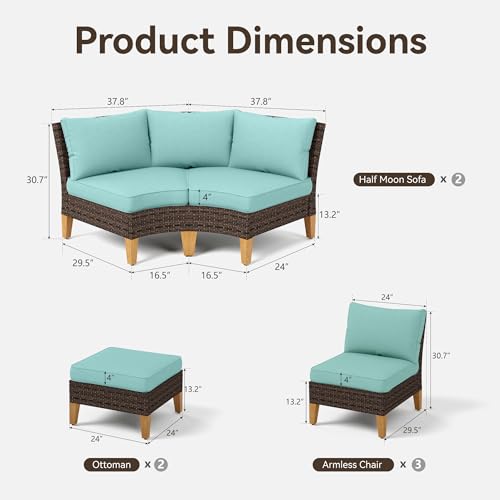 GREEN PARTY 9 Pieces Wicker Patio Furniture Set, All-Weather Outdoor Rattan Half-Moon Curved Patio Sectional Sofa Conversation Set with 4\" Thick Cushions for Garden, Backyard, 2 x Ottomans (Blue)